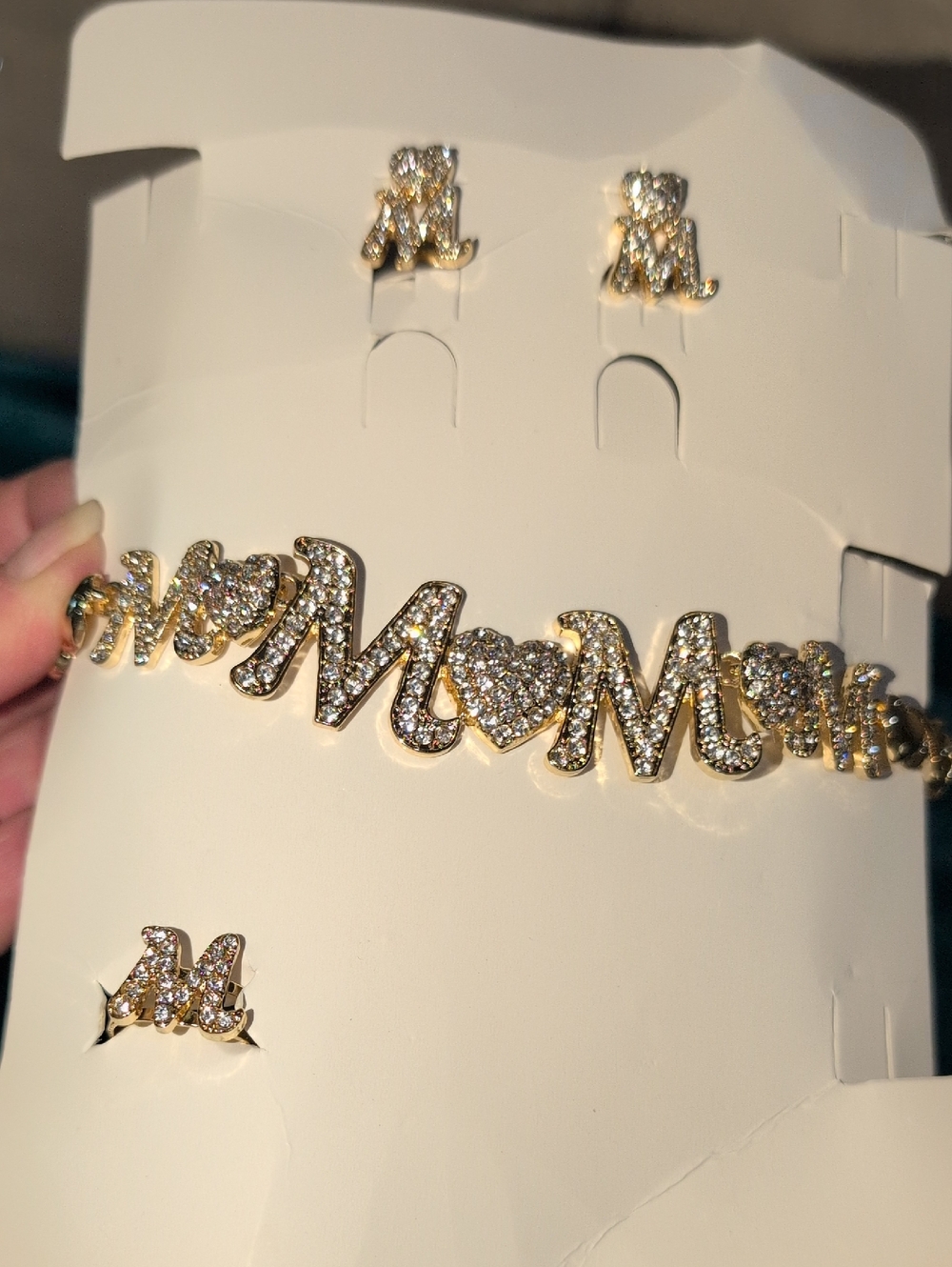 Gold-Tone 'MOM' Crystal Necklace , Earrings , Bracelet and ring - nwot